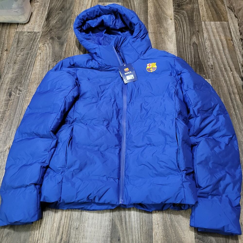 FCB Barcelona Mens Hooded Soccer Blue Full Zip Puffer Jacket‎ Medium